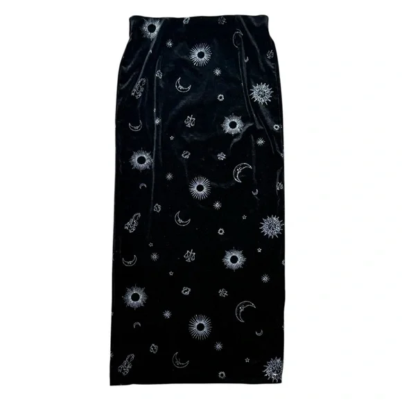 Witchy Celestial Velvet Midi Skirt Moon Sun Astrology Whimsical Slit Small Black - Picture 6 of 6